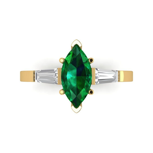 2 cttw Simulated Emerald Three-Stone Engagement Ring - Solid Yellow Gold (VVS1, Marquise Cut,11x5.5mm)