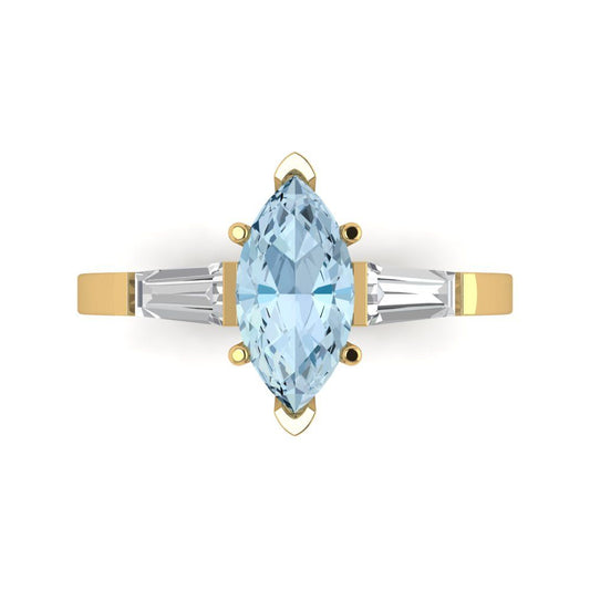 2 cttw Natural Sky Blue Topaz Three-Stone Engagement Ring - Solid Yellow Gold (VVS1, Marquise Cut,11x5.5mm)