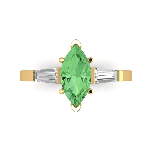 2 cttw Zirconia Simulated Green Diamond Three-Stone Engagement Ring - Solid Yellow Gold (VVS1, Marquise Cut,11x5.5mm)