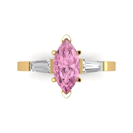 2 cttw Zirconia Simulated Pink Diamond Three-Stone Engagement Ring - Solid Yellow Gold (VVS1, Marquise Cut,11x5.5mm)