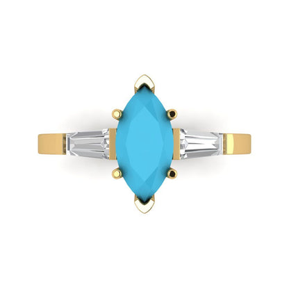 2 cttw Simulated Turquoise Three-Stone Engagement Ring - Solid Gold (Marquise Cut,11x5.5mm)