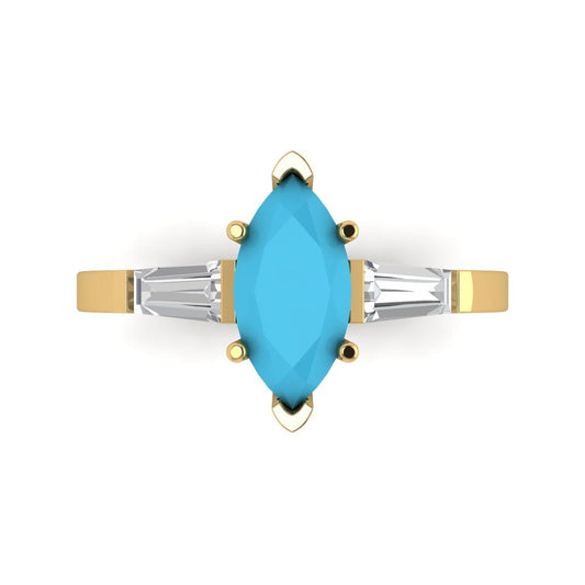 2 cttw Simulated Turquoise Three-Stone Engagement Ring - Solid Yellow Gold (VVS1, Marquise Cut,11x5.5mm)