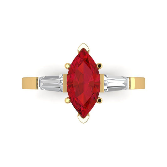 2 cttw Simulated Ruby Three-Stone Engagement Ring - Solid Yellow Gold (VVS1, Marquise Cut,11x5.5mm)