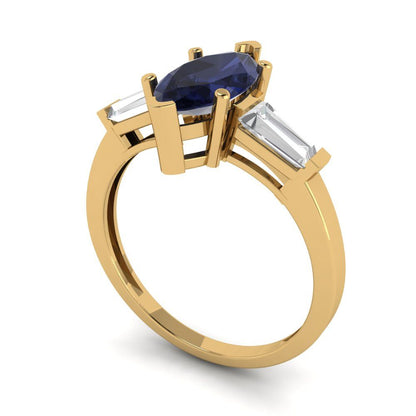 2 cttw Simulated Blue Sapphire Three-Stone Engagement Ring - Solid Gold (Marquise Cut,11x5.5mm)