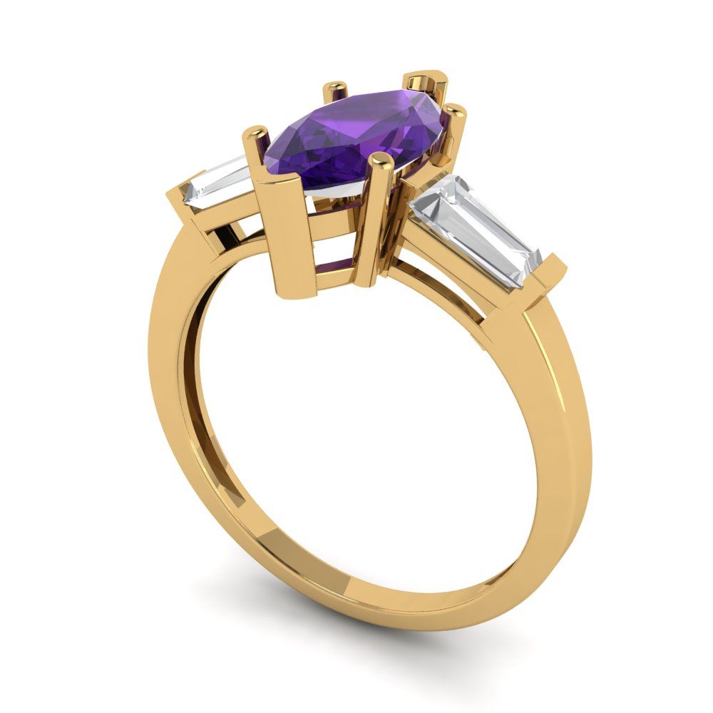 2 cttw Natural Amethyst Three-Stone Engagement Ring - Solid Gold (Marquise Cut,11x5.5mm)