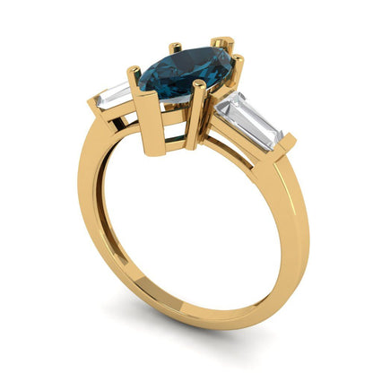2 cttw Natural London Blue Topaz Three-Stone Engagement Ring - Solid Gold (Marquise Cut,11x5.5mm)