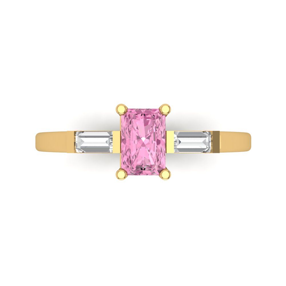 0.8 cttw Zirconia Simulated Pink Diamond Three-Stone Engagement Ring - Solid Gold (VVS1, Emerald Cut,6x4mm)