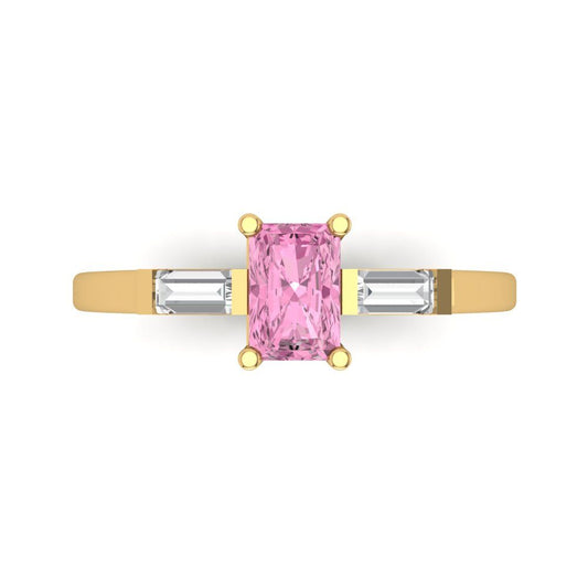 0.8 cttw Zirconia Simulated Pink Diamond Three-Stone Engagement Ring - Solid Yellow Gold (VVS1, Emerald Cut,6x4mm)