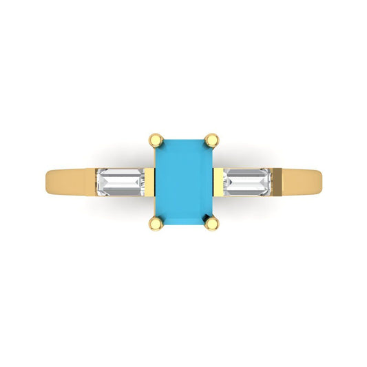 0.8 cttw Simulated Turquoise Three-Stone Engagement Ring - Solid Yellow Gold (VVS1, Emerald Cut,6x4mm)