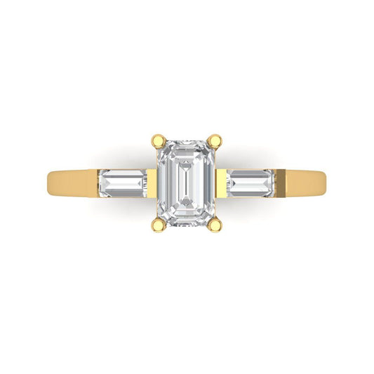0.8 cttw White Sapphire Three-Stone Engagement Ring - Solid Yellow Gold (VVS1, Emerald Cut,6x4mm)