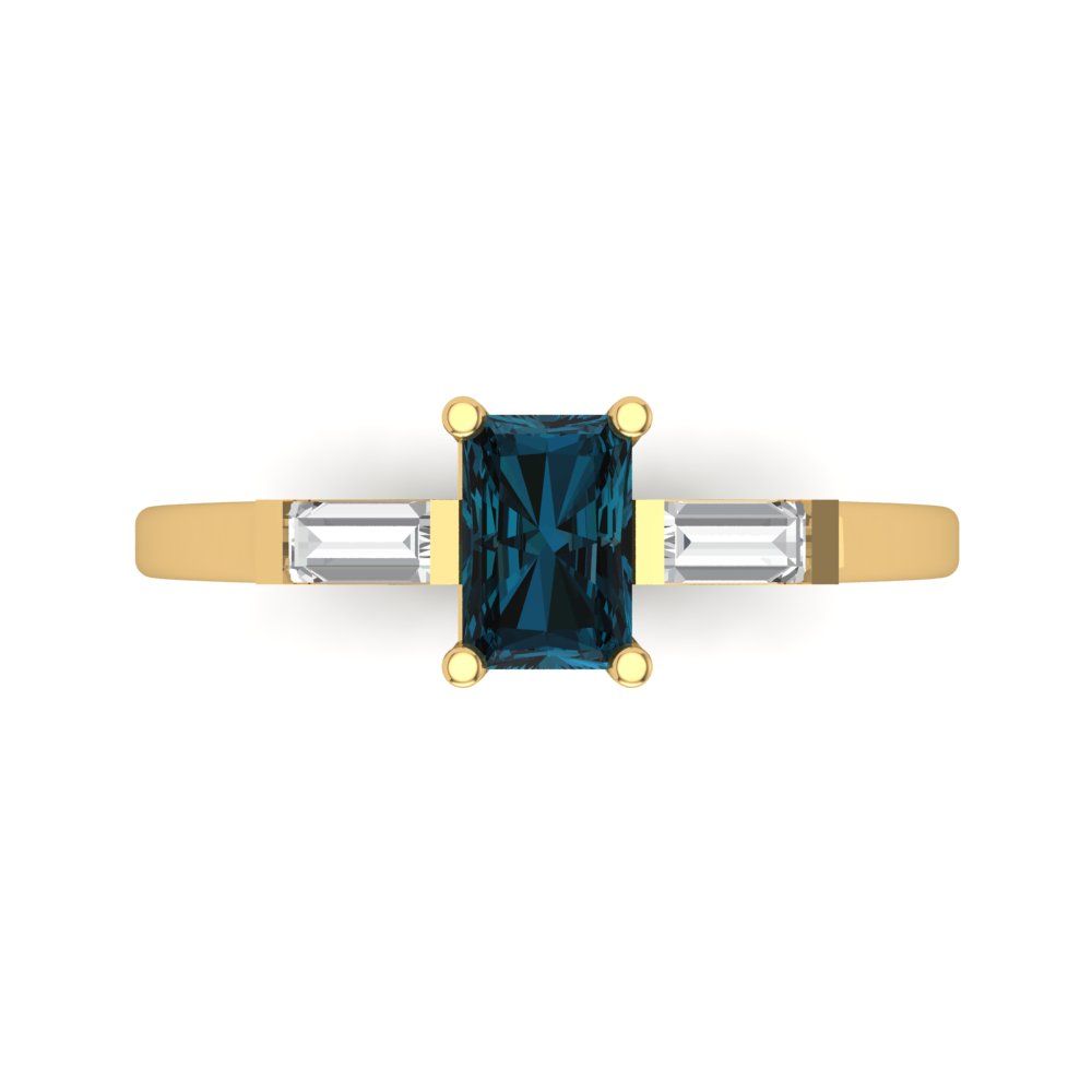 0.8 cttw Natural London Blue Topaz Three-Stone Engagement Ring - Solid Gold (Emerald Cut,6x4mm)