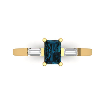0.8 cttw Natural London Blue Topaz Three-Stone Engagement Ring - Solid Gold (Emerald Cut,6x4mm)