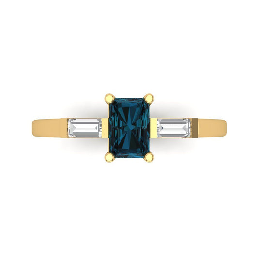 0.8 cttw Natural London Blue Topaz Three-Stone Engagement Ring - Solid Yellow Gold (VVS1, Emerald Cut,6x4mm)