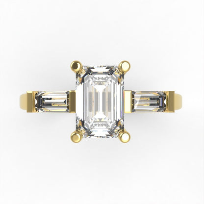 0.8 ct Brilliant Emerald Cut Natural Diamond Stone Clarity VS1-2 Color G-H Yellow Gold Three-Stone Ring