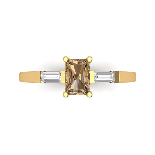 0.8 cttw Zirconia Simulated Champagne Diamond Three-Stone Engagement Ring - Solid Yellow Gold (VVS1, Emerald Cut,6x4mm)