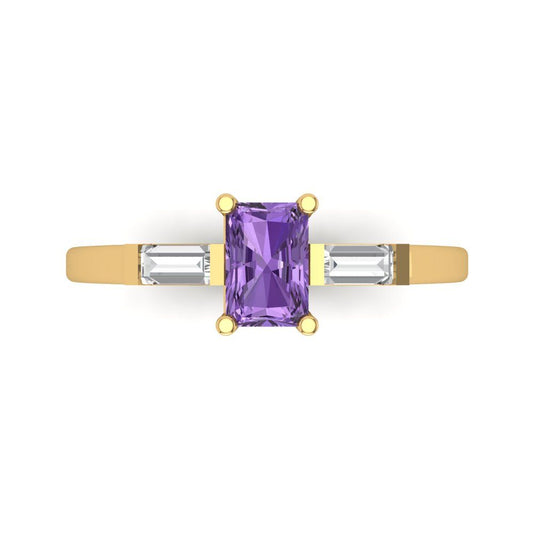 0.8 cttw Simulated Alexandrite Three-Stone Engagement Ring - Solid Yellow Gold (VVS1, Emerald Cut,6x4mm)