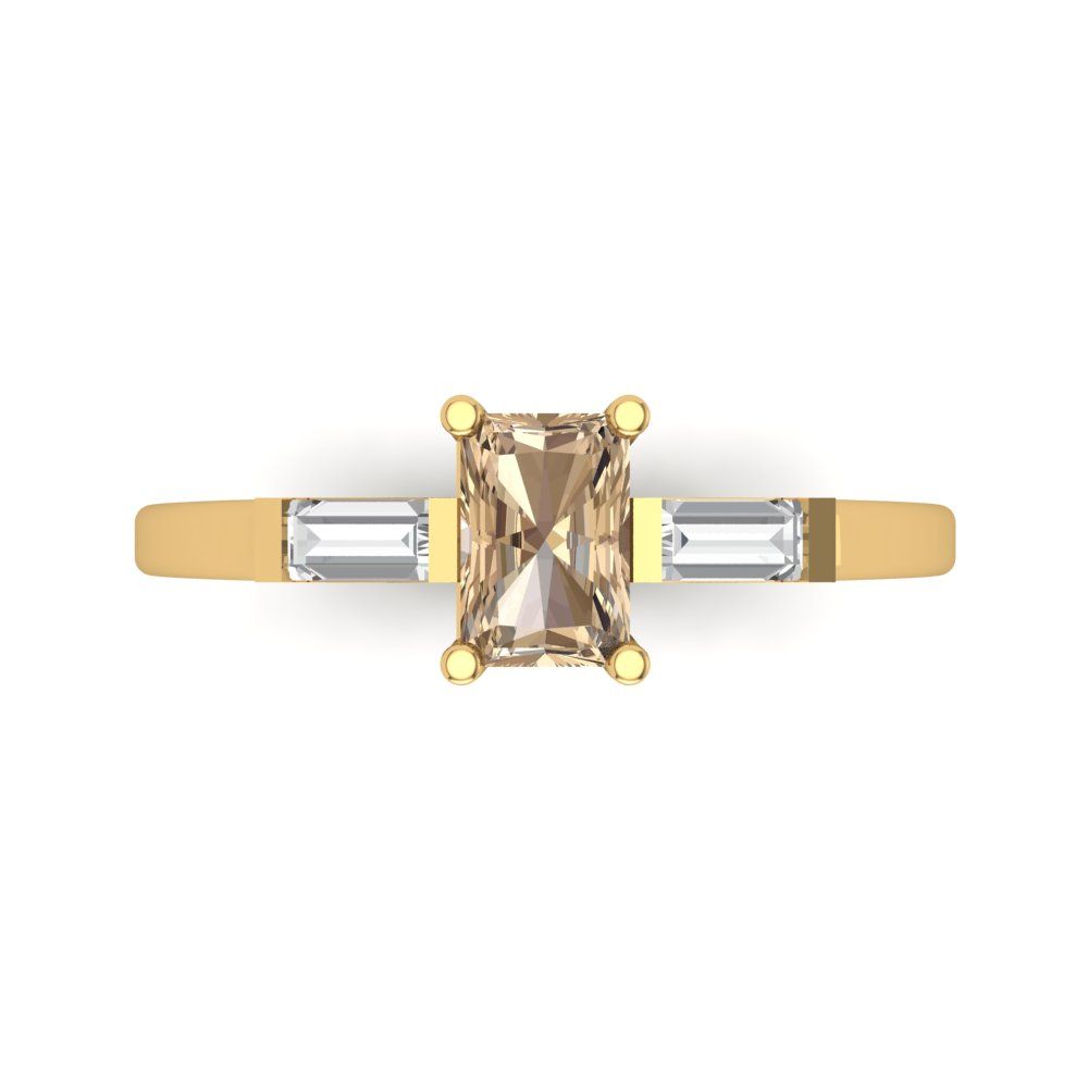 0.8 cttw Yellow Moissanite Three-Stone Engagement Ring - Solid Yellow Gold (VVS1, Emerald Cut,6x4mm)