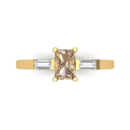 0.8 cttw Yellow Moissanite Three-Stone Engagement Ring - Solid Yellow Gold (VVS1, Emerald Cut,6x4mm)