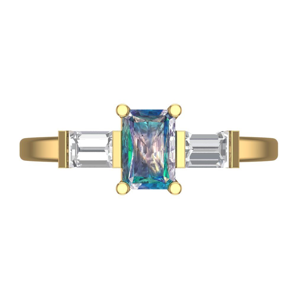 0.8 cttw Blue Moissanite Three-Stone Engagement Ring - Solid Gold (Emerald Cut,6x4mm)