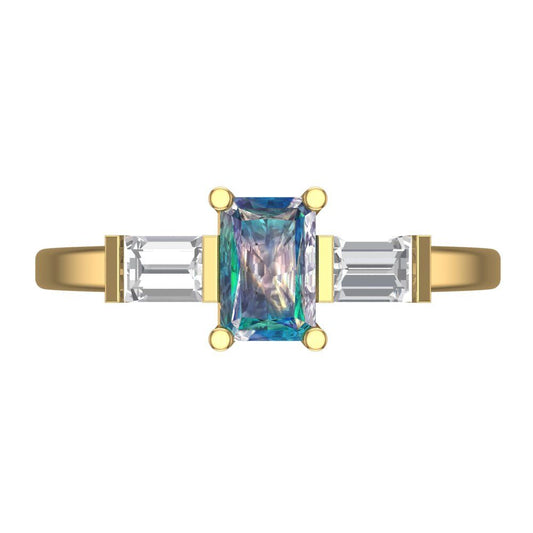 0.8 cttw Blue Moissanite Three-Stone Engagement Ring - Solid Yellow Gold (VVS1, Emerald Cut,6x4mm)