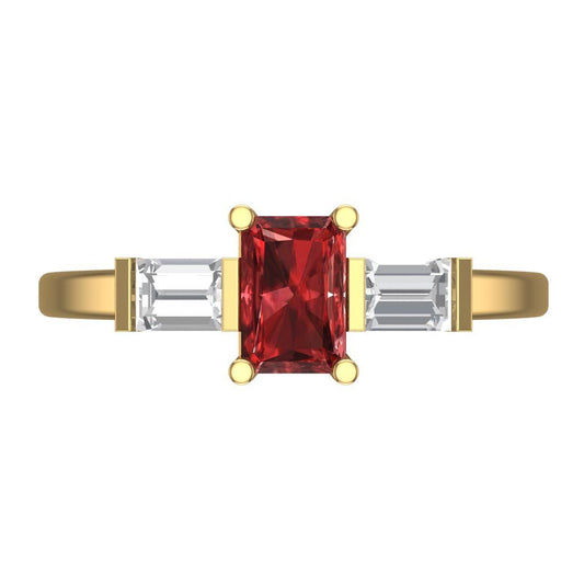 0.8 cttw Natural Garnet Three-Stone Engagement Ring - Solid Yellow Gold (VVS1, Emerald Cut,6x4mm)