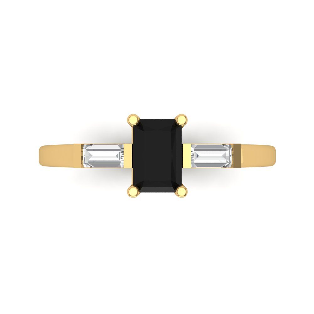 0.8 cttw Natural Onyx Three-Stone Engagement Ring - Solid Yellow Gold (VVS1, Emerald Cut,6x4mm)