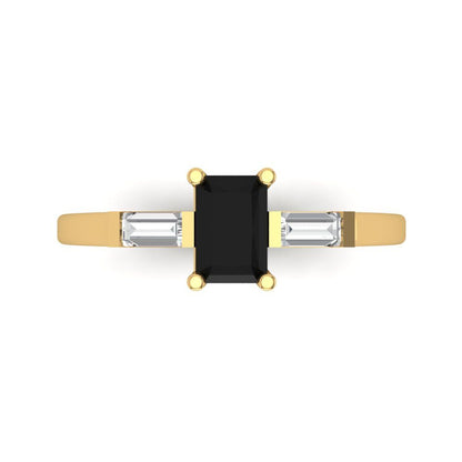 0.8 cttw Natural Onyx Three-Stone Engagement Ring - Solid Yellow Gold (VVS1, Emerald Cut,6x4mm)