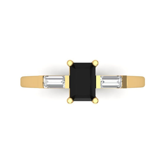0.8 cttw Natural Onyx Three-Stone Engagement Ring - Solid Yellow Gold (VVS1, Emerald Cut,6x4mm)