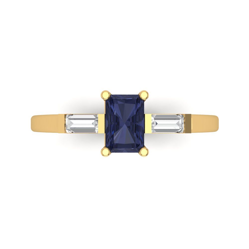 0.8 cttw Simulated Blue Sapphire Three-Stone Engagement Ring - Solid Gold (Emerald Cut,6x4mm)