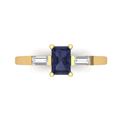 0.8 cttw Simulated Blue Sapphire Three-Stone Engagement Ring - Solid Gold (Emerald Cut,6x4mm)