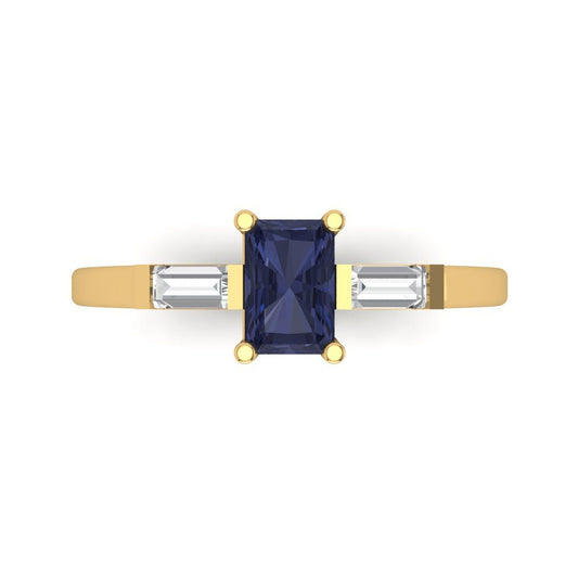 0.8 cttw Simulated Blue Sapphire Three-Stone Engagement Ring - Solid Yellow Gold (VVS1, Emerald Cut,6x4mm)