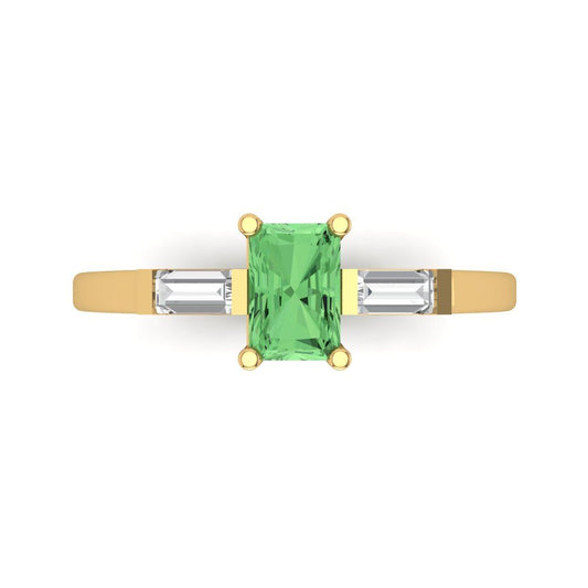 0.8 cttw Zirconia Simulated Green Diamond Three-Stone Engagement Ring - Solid Yellow Gold (VVS1, Emerald Cut,6x4mm)