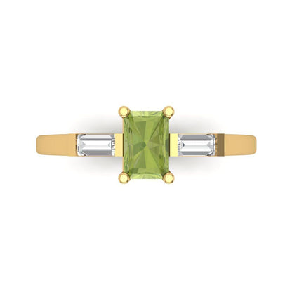 0.8 cttw Natural Peridot Three-Stone Engagement Ring - Solid Gold (Emerald Cut,6x4mm)