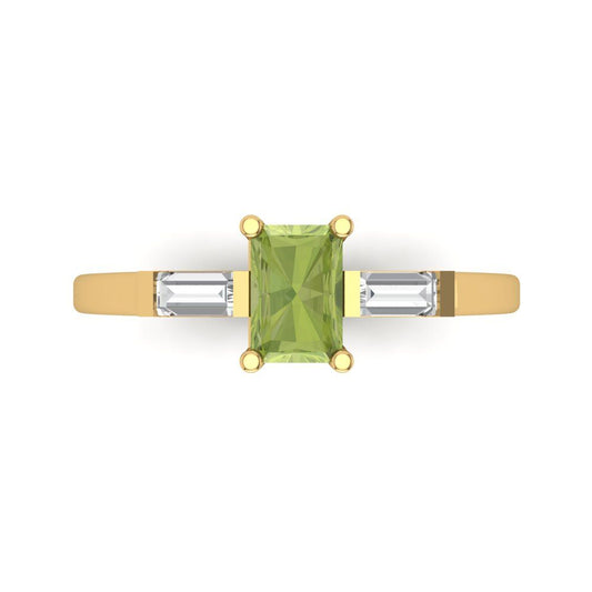 0.8 cttw Natural Peridot Three-Stone Engagement Ring - Solid Yellow Gold (VVS1, Emerald Cut,6x4mm)