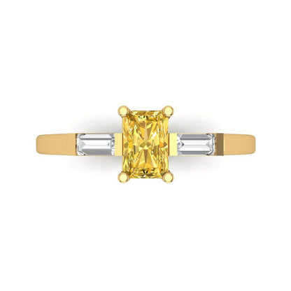 0.8 cttw Zirconia Simulated Yellow Diamond Three-Stone Engagement Ring - Solid Gold (VVS1, Emerald Cut,6x4mm)