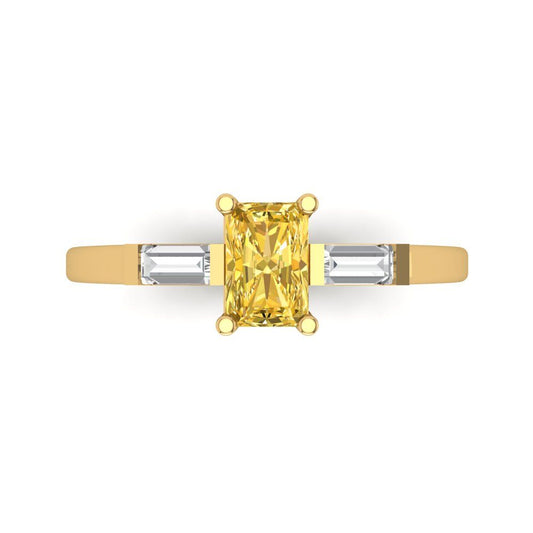 0.8 cttw Zirconia Simulated Yellow Diamond Three-Stone Engagement Ring - Solid Yellow Gold (VVS1, Emerald Cut,6x4mm)