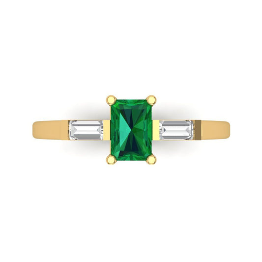 0.8 cttw Simulated Emerald Three-Stone Engagement Ring - Solid Yellow Gold (VVS1, Emerald Cut,6x4mm)