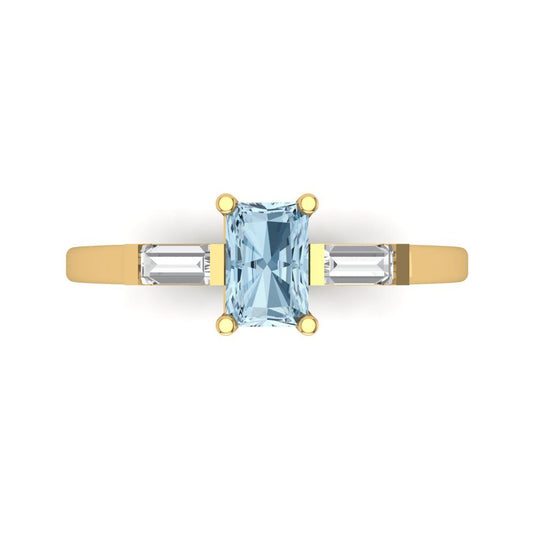 0.8 cttw Natural Swiss Blue Topaz Three-Stone Engagement Ring - Solid Yellow Gold (VVS1, Emerald Cut,6x4mm)