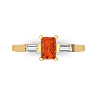 0.8 cttw Zirconia Simulated Red Diamond Three-Stone Engagement Ring - Solid Yellow Gold (VVS1, Emerald Cut,6x4mm)