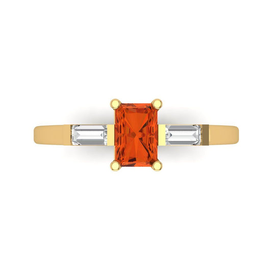0.8 cttw Zirconia Simulated Red Diamond Three-Stone Engagement Ring - Solid Yellow Gold (VVS1, Emerald Cut,6x4mm)