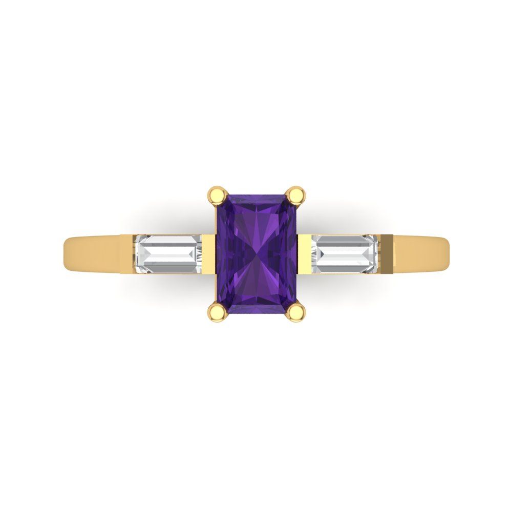 0.8 cttw Natural Amethyst Three-Stone Engagement Ring - Solid Gold (Emerald Cut,6x4mm)