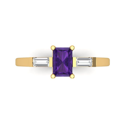 0.8 cttw Natural Amethyst Three-Stone Engagement Ring - Solid Gold (Emerald Cut,6x4mm)