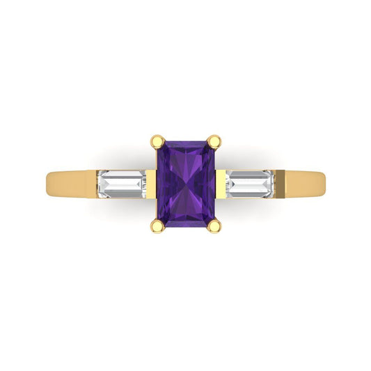 0.8 cttw Natural Amethyst Three-Stone Engagement Ring - Solid Yellow Gold (VVS1, Emerald Cut,6x4mm)