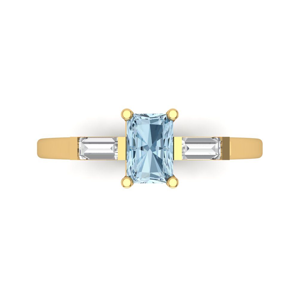 0.8 cttw Natural Aquamarine Three-Stone Engagement Ring - Solid Yellow Gold (VVS1, Emerald Cut,6x4mm)