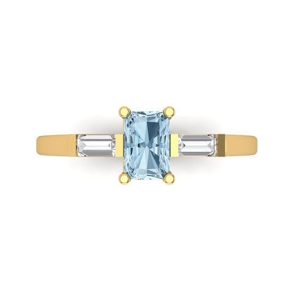 0.8 cttw Natural Aquamarine Three-Stone Engagement Ring - Solid Yellow Gold (VVS1, Emerald Cut,6x4mm)