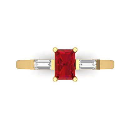 0.8 cttw Simulated Ruby Three-Stone Engagement Ring - Solid Yellow Gold (VVS1, Emerald Cut,6x4mm)