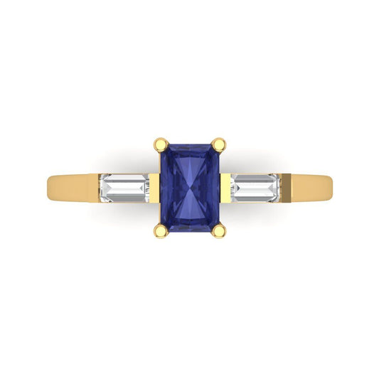 0.8 cttw Simulated Tanzanite Three-Stone Engagement Ring - Solid Yellow Gold (VVS1, Emerald Cut,6x4mm)