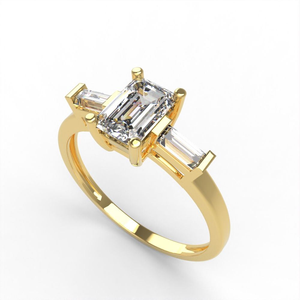 0.8 ct Brilliant Emerald Cut Natural Diamond Stone Clarity VS1-2 Color G-H Yellow Gold Three-Stone Ring