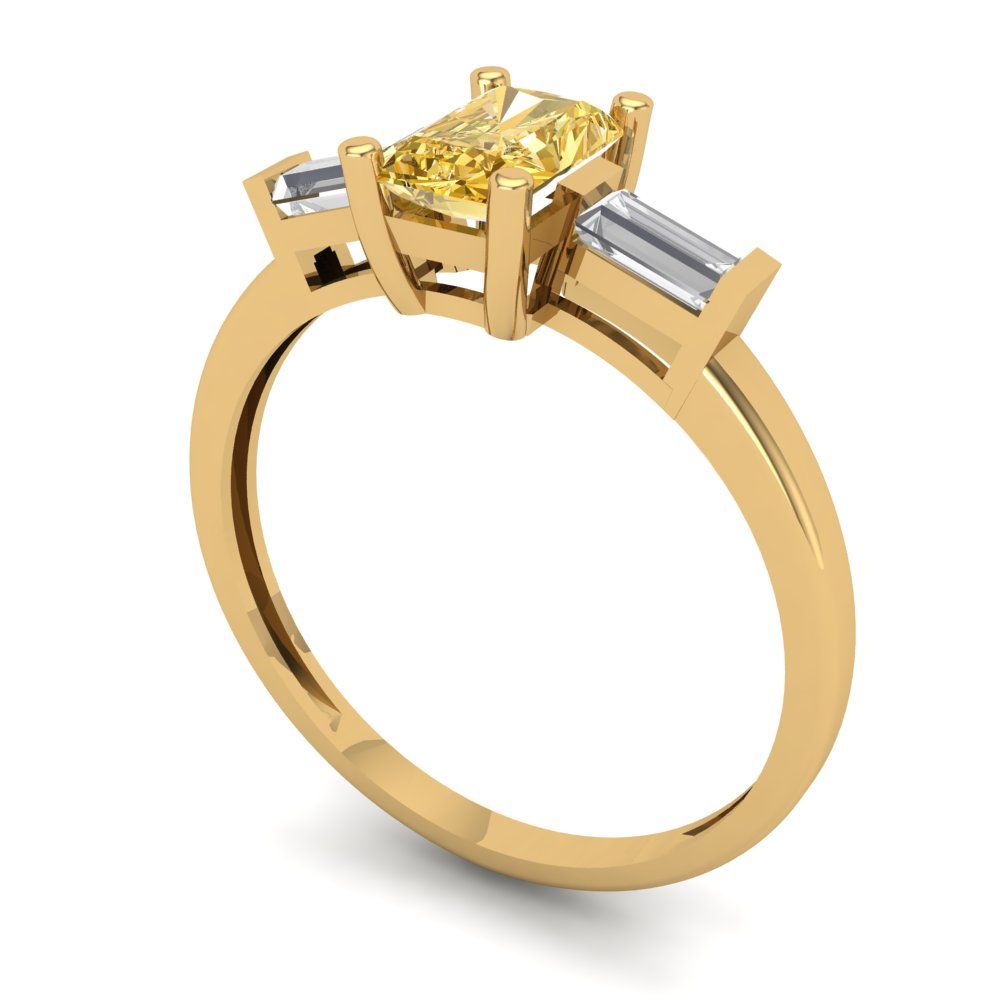 0.8 cttw Yellow Moissanite Three-Stone Engagement Ring - Solid Yellow Gold (VVS1, Emerald Cut,6x4mm)