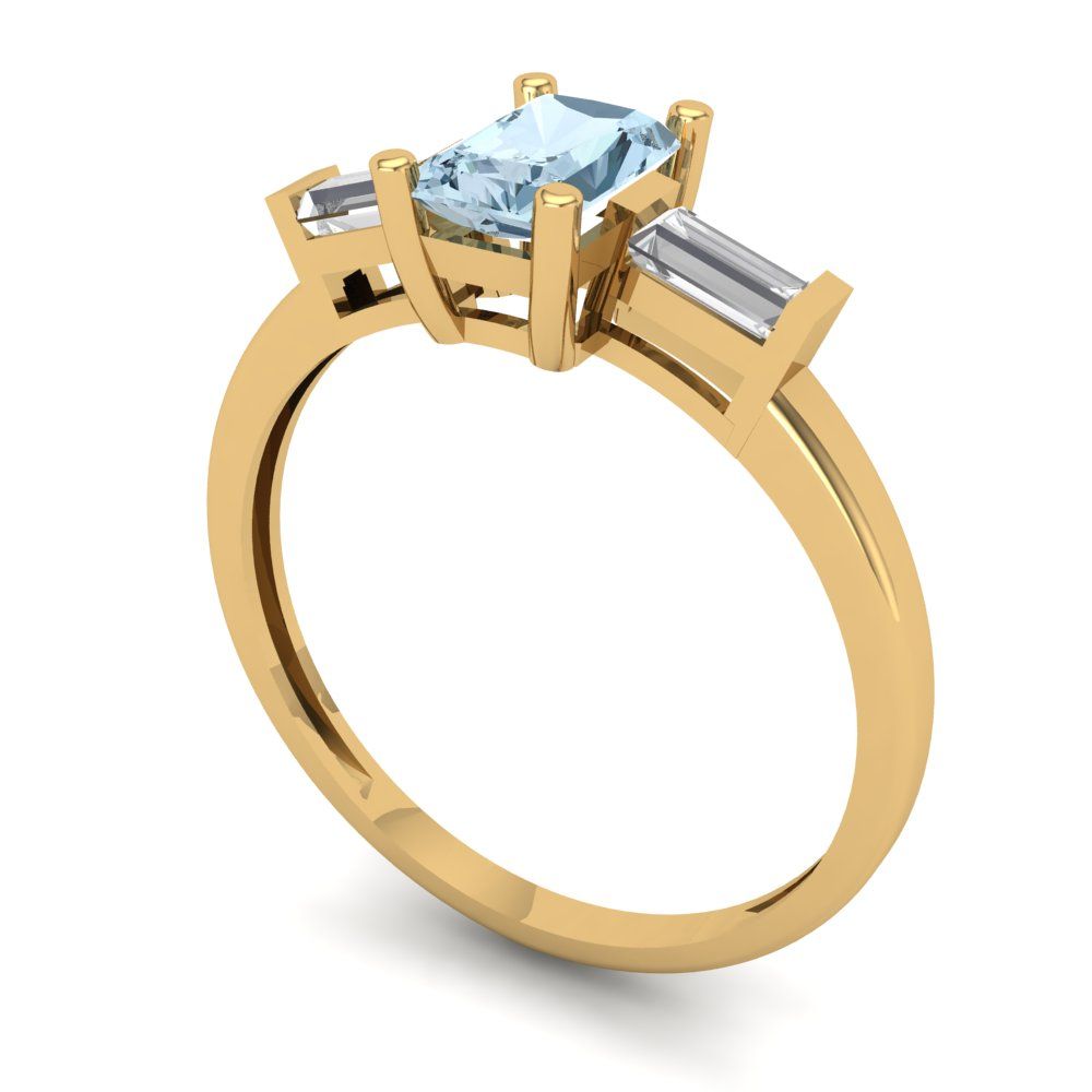 0.8 cttw Natural Aquamarine Three-Stone Engagement Ring - Solid Yellow Gold (VVS1, Emerald Cut,6x4mm)